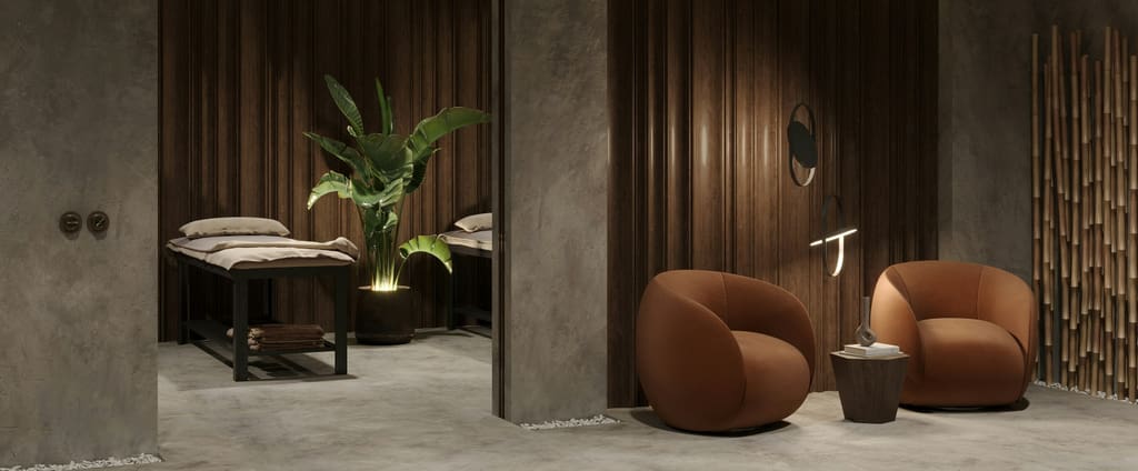 A calming Solara treatment room with terracotta lounge chairs